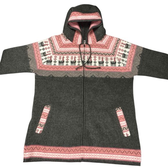 Tegidos Hooded Alpaca Sweater Jacket Gray Pink Hoodie Novelty Aztec XL - Picture 7 of 12